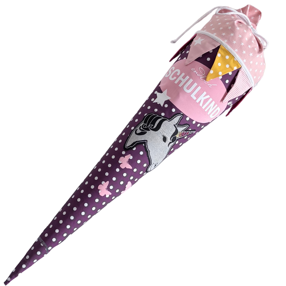 Stoffschultüte B-Ware mit Einhorn in Rosa und Lila